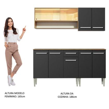 Imagem de Armário de Cozinha Completa Madesa Emilly Dance com Balcão e Aéreo Vidro Reflex - Rustic/Preto
