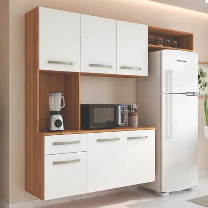 Imagem de Armário de Cozinha Completa Suspenso com Balcão 6 Portas 1 Gaveta Belíssima Freijó/Branco Fiorello