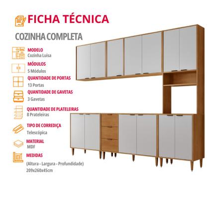 Imagem de Armário de Cozinha Completo Luísa 100% MDF 5 Peças 13 Portas 3 Gavetas 260cm Moderna Mobília