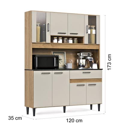 Imagem de Armário de Cozinha Coral 120cm Design Ripado Compacta com Balcão e Aéreo Nicho Microondas 8 Portas 1 Gaveta MDF MDP