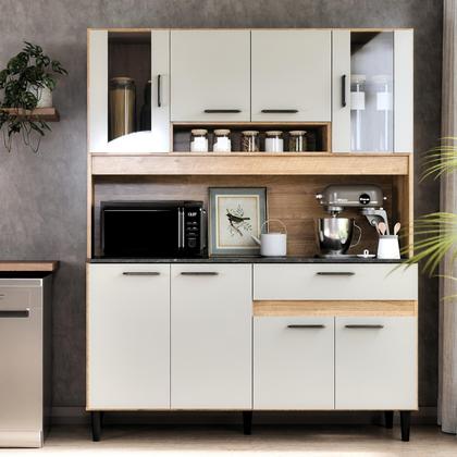 Imagem de Armário de Cozinha Coral 120cm Design Ripado Compacta com Balcão e Aéreo Nicho Microondas 8 Portas 1 Gaveta MDF MDP