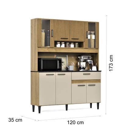 Imagem de Armário de Cozinha Coral 120cm Design Ripado Compacta com Balcão e Aéreo Nicho Microondas 8 Portas 1 Gaveta MDF MDP