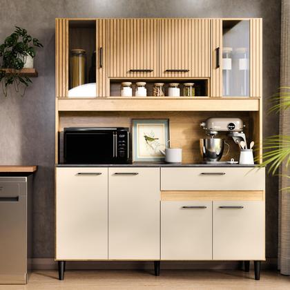 Imagem de Armário de Cozinha Coral 120cm Design Ripado Compacta com Balcão e Aéreo Nicho Microondas 8 Portas 1 Gaveta MDF MDP