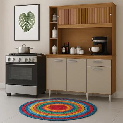 Imagem de Armário de Cozinha Duda 140cm 5 Portas 1 Gaveta Poquema Cor Damasco Off White Ripado 3d