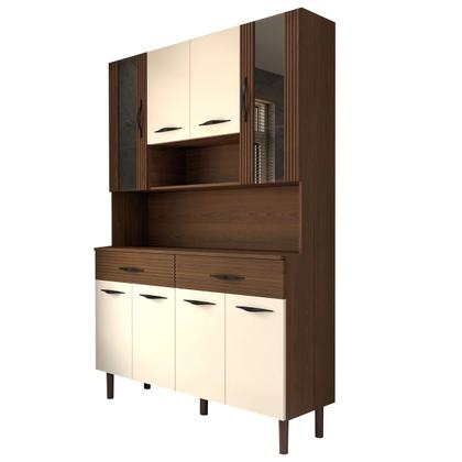 Imagem de Armário de Cozinha Kit 8 Portas 2 Gavetas com Vidro Ripado 3d Nogueira/Off White - Panorama Móveis