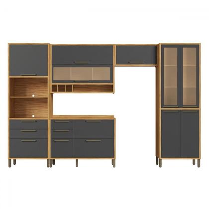Imagem de Armário de Cozinha Modulada com Balcão e Tampo 11 Portas 5 Gavetas ágata 100% Mdf Vidro Reflecta Amêndoa/Chumbo - Pnr Móveis