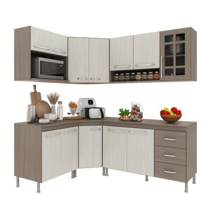 Imagem de Armário de Cozinha Modulada Completa de Canto Fidelitá Paris 6 Peças 340cm 12 Portas 3 Gavetas Com Tampo Nogal/Salinas