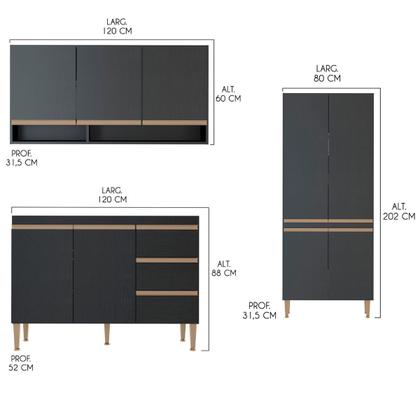 Imagem de Armário de Cozinha Modulada Completo Sabrina 360x202 Cm 6 Peças MDP Preto Menu Móveis
