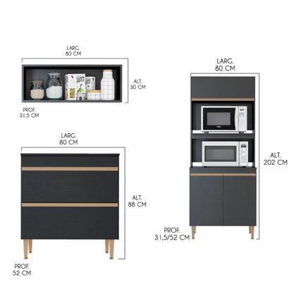 Imagem de Armário de Cozinha Modulada Completo Sabrina 360x202 Cm 6 Peças MDP Preto Menu Móveis