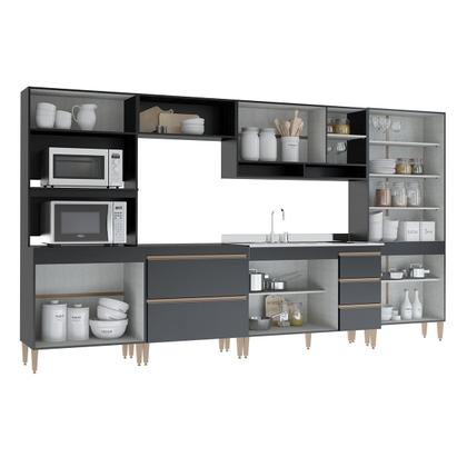Imagem de Armário de Cozinha Modulada Completo Sabrina 360x202 Cm 6 Peças MDP Preto Menu Móveis