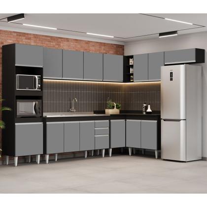 Imagem de Armário de Cozinha Modulada de Canto 8 Peças CP09 Balcão com Pia Inox Preto/Cinza - Lumil