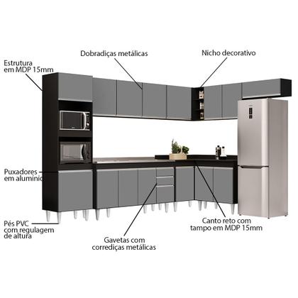 Imagem de Armário de Cozinha Modulada de Canto 8 Peças CP09 Balcão com Pia Inox Preto/Cinza - Lumil