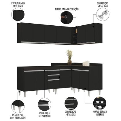 Imagem de Armário de Cozinha Modulado de Canto 6 Peças CP28 Balcão sem Tampo Preto - Lumil