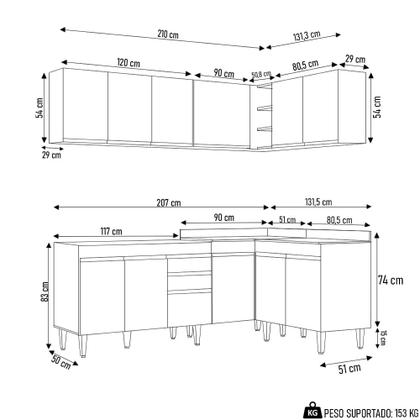 Imagem de Armário de Cozinha Modulado de Canto 6 Peças CP28 Balcão sem Tampo Preto - Lumil