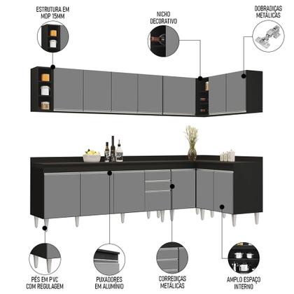 Imagem de Armário de Cozinha Modulado de Canto 7 Peças CP35 Balcão com Tampo Preto/Cinza - Lumil