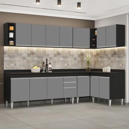 Imagem de Armário de Cozinha Modulado de Canto 7 Peças CP35 Balcão com Tampo Preto/Cinza - Lumil