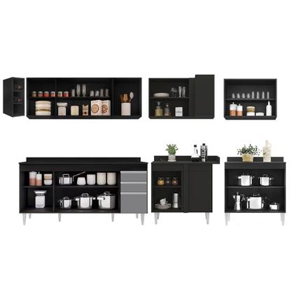 Imagem de Armário de Cozinha Modulado de Canto 7 Peças CP35 Balcão com Tampo Preto/Cinza - Lumil