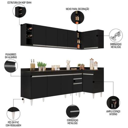 Imagem de Armário de Cozinha Modulado de Canto Esquerdo 5 Peças CP53 Balcão com Tampo Preto - Lumil