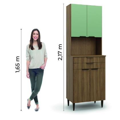 Imagem de Armário de Cozinha Paneleiro Com Nicho Para Micro-ondas 4 Portas 2 Gavetas Nogal/Verde Paris Batrol