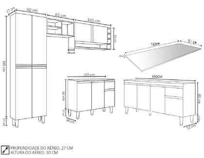 Imagem de Armário de Cozinha Vanessa com Balcão Tati 150m com Tampo MDP Amêndoa/Preto - AJL 