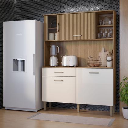 Imagem de Armário De Cozinha Verona 120cm Com Balcão Nichos E Gavetas MDF MDP Moderno Compacto Para Cozinha Apartamento Organizador Funcional Resistente Com Pés
