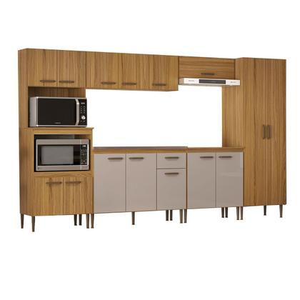 Imagem de Armário de Cozinha Zella com Balcao para Pia e Cooktop 15 Portas 1 Gaveta Ipê/Cristalo - Pnr Móveis