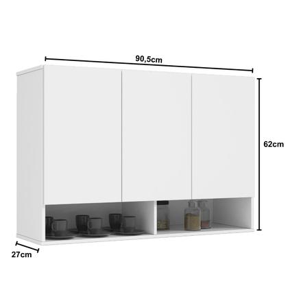 Imagem de Armário de Parede Aéreo Cozinha Organizador Quarto Multiuso Lavanderia Supenso Superior Embutido 3 Portas Milão - Branco
