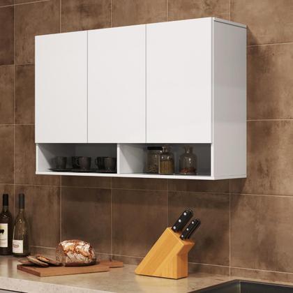 Imagem de Armário de Parede Aéreo Cozinha Organizador Quarto Multiuso Lavanderia Supenso Superior Embutido 3 Portas Milão - Branco
