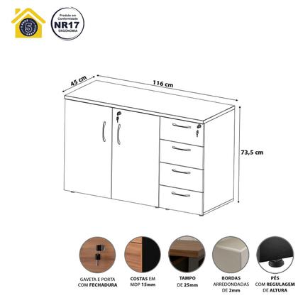 Imagem de Armário Escritório 116cm x 45cm com 2 Portas e 4 Gavetas F5