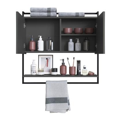Imagem de Armário Espelheira de Banheiro 80cm com 1 Prateleira Externa e Toalheiro Estilo Industrial P1043 Placa e Ponto Grafite