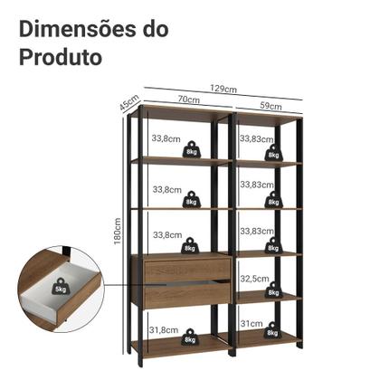 Imagem de Armário Estante Multiuso Organizador 2 Gavetas 9 Prateleiras 129cm Rustic/Preto Madesa