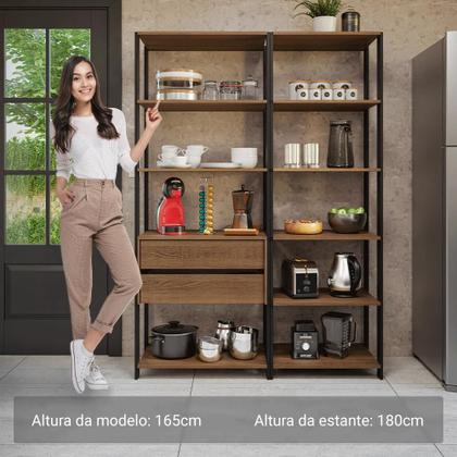 Imagem de Armário Estante Multiuso Organizador 2 Gavetas 9 Prateleiras 129cm Rustic/Preto Madesa