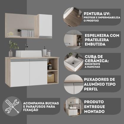 Imagem de Armario gabinete banheiro 80cm + cuba soprepor + espelheira com puxador aluminio madeirado/branco