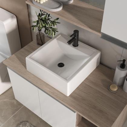Imagem de Armario gabinete banheiro 80cm + cuba soprepor + espelheira com puxador aluminio madeirado/branco