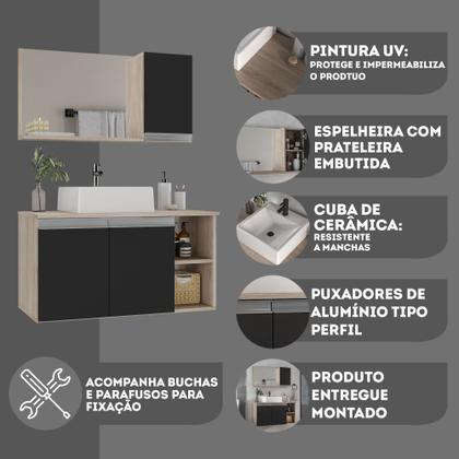 Imagem de Armario gabinete banheiro 80cm + cuba soprepor + espelheira com puxador aluminio madeirado/preto