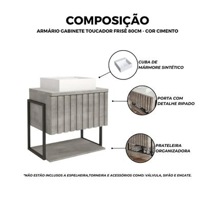 Imagem de Armário Gabinete Toucador P/ Banheiro Cimento Frisê 80cm