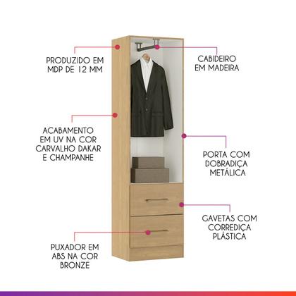 Imagem de Armário Guarda-Roupa Solteiro 2 Portas 2 Gavetas 47x172Cm Carvalho
