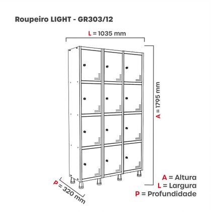 Imagem de Armário Guarda Volume Locker Roupeiro 3 Vãos 12 Portas GR303/12 Light Cinza - Pandin