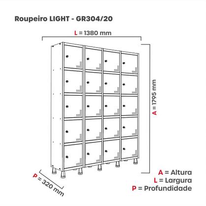 Imagem de Armário Guarda Volume Locker Roupeiro 4 Vãos 20 Portas GR304/20 Light Cinza e Vermelho - Pandin