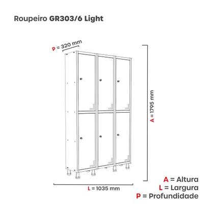 Imagem de Armário Guarda Volume Locker Roupeiro  de Aço 3 Vãos 6 Portas GR303/6 Light Cinza