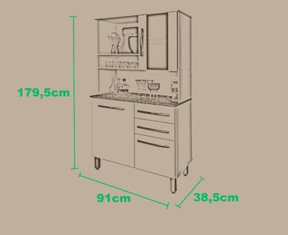 Imagem de Armário Kit cozinha Kongo Moderno com vidro 3 gavetas + 2 portas cor Amêndoa amadeirado ultimas unidades no preço