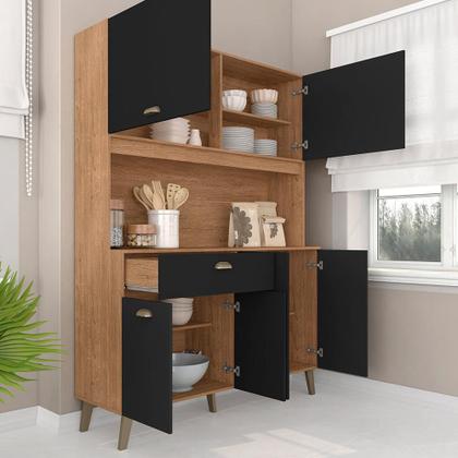 Imagem de Armário Kit De Cozinha Emily Retro 6 Portas Carvalho/preto - Móveis Arapongas