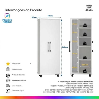 Imagem de Armário Lavanderia 2 Portas com Espaço para Vassouras Multiuso com Rodinhas Móveis Bonatto