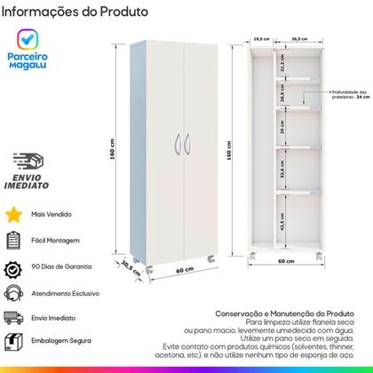 Imagem de Armário Lavanderia 2 Portas com Espaço para Vassouras Multiuso com Rodinhas Móveis Bonatto