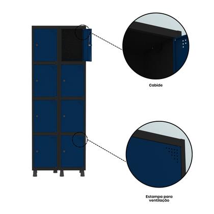 Imagem de Armário Locker Guarda-roupa 8 Portas Aço Grp 502/8 Preto/Azul Delrei