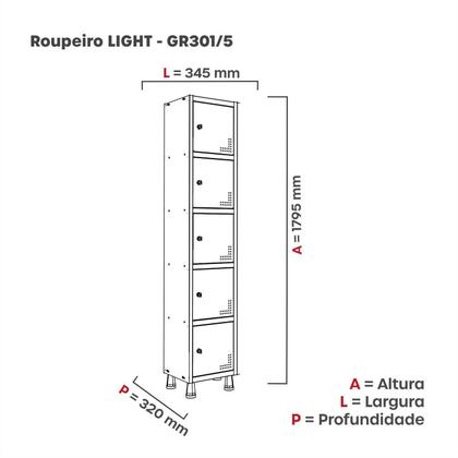 Imagem de Armário Locker Guarda Volume Aço Light 5 Portas 34,5x179,5cm Vermelho/Cinza