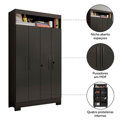 Imagem de Armário Multiuso Escritório NT4040 com 4 Portas e Nicho com Prateleiras Internas Preto/Tx