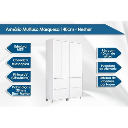 Imagem de Armário Multiuso p/ Área Serviço Marquesa c/ 4 Portas e 4 Gavetas 140cm Branca - Nesher
