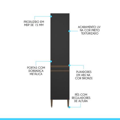 Imagem de Armário Paneleiro para Cozinha com 2 Portas 40 x 202 Cm Sabrina MDP Preto 0466 MENU