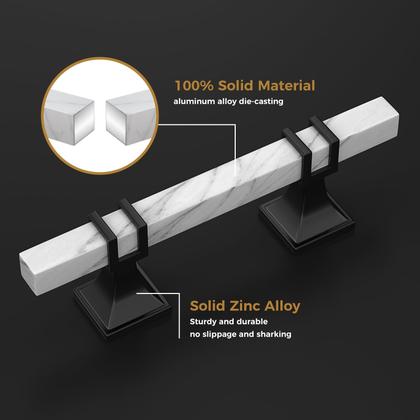 Imagem de Armário puxa mármore branco Lepatape de 7,6 cm com alças pretas, pacote com 10